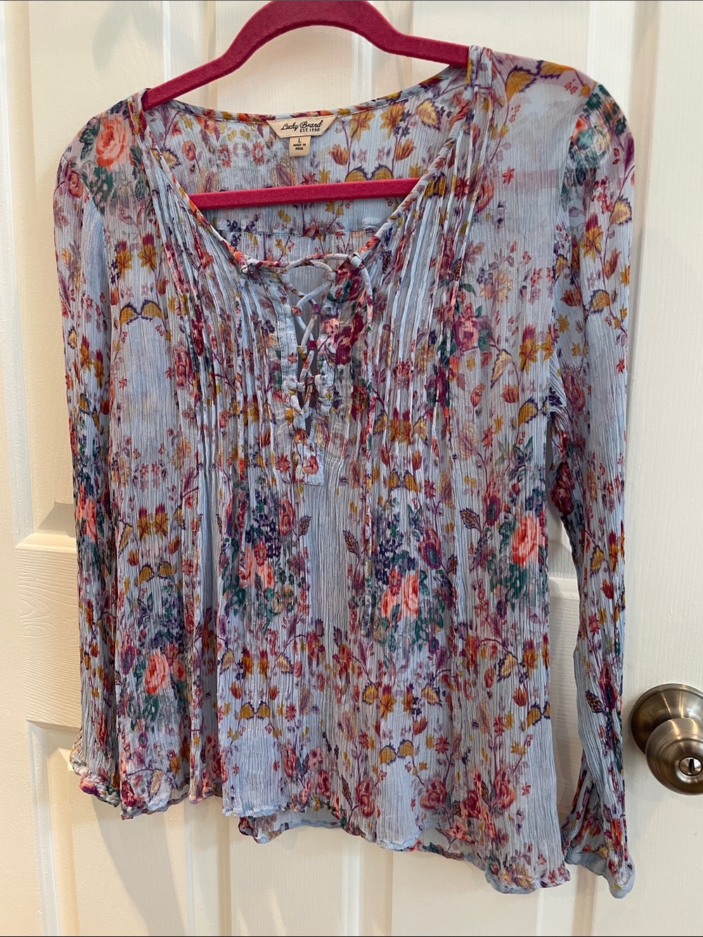 Lucky Brand Blue Floral Lace-Up Blouse Size L